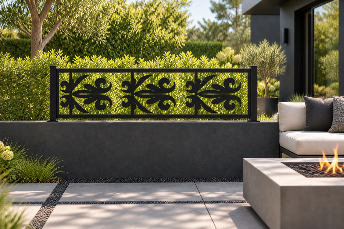 Design 343 Palm Fleur Border Laser Cut Metal Privacy Screen Panel installed garden daylight view
