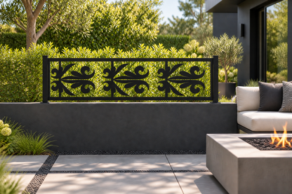 Design 343 Palm Fleur Border Laser Cut Metal Privacy Screen Panel installed garden daylight view