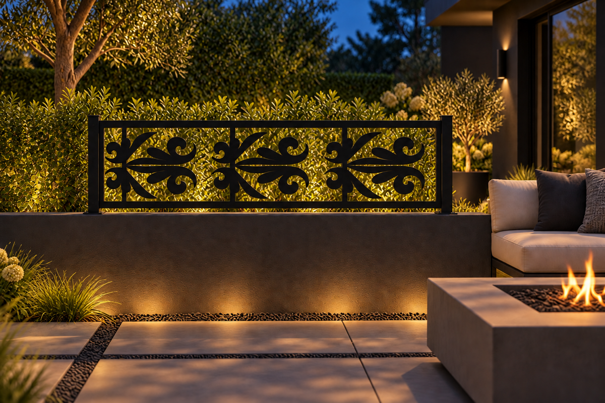 Design 343 Palm Fleur Border Laser Cut Metal Privacy Screen Panel installed garden night lighting view