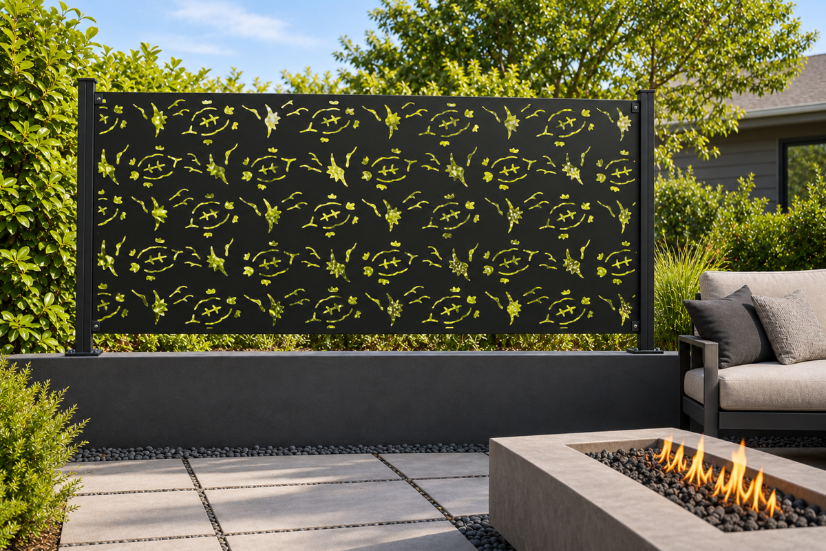 Design 344 Night Leaf Scatter Laser Cut Metal Privacy Screen Panel installed garden daylight view