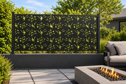 Design 344 Night Leaf Scatter Laser Cut Metal Privacy Screen Panel installed garden daylight view