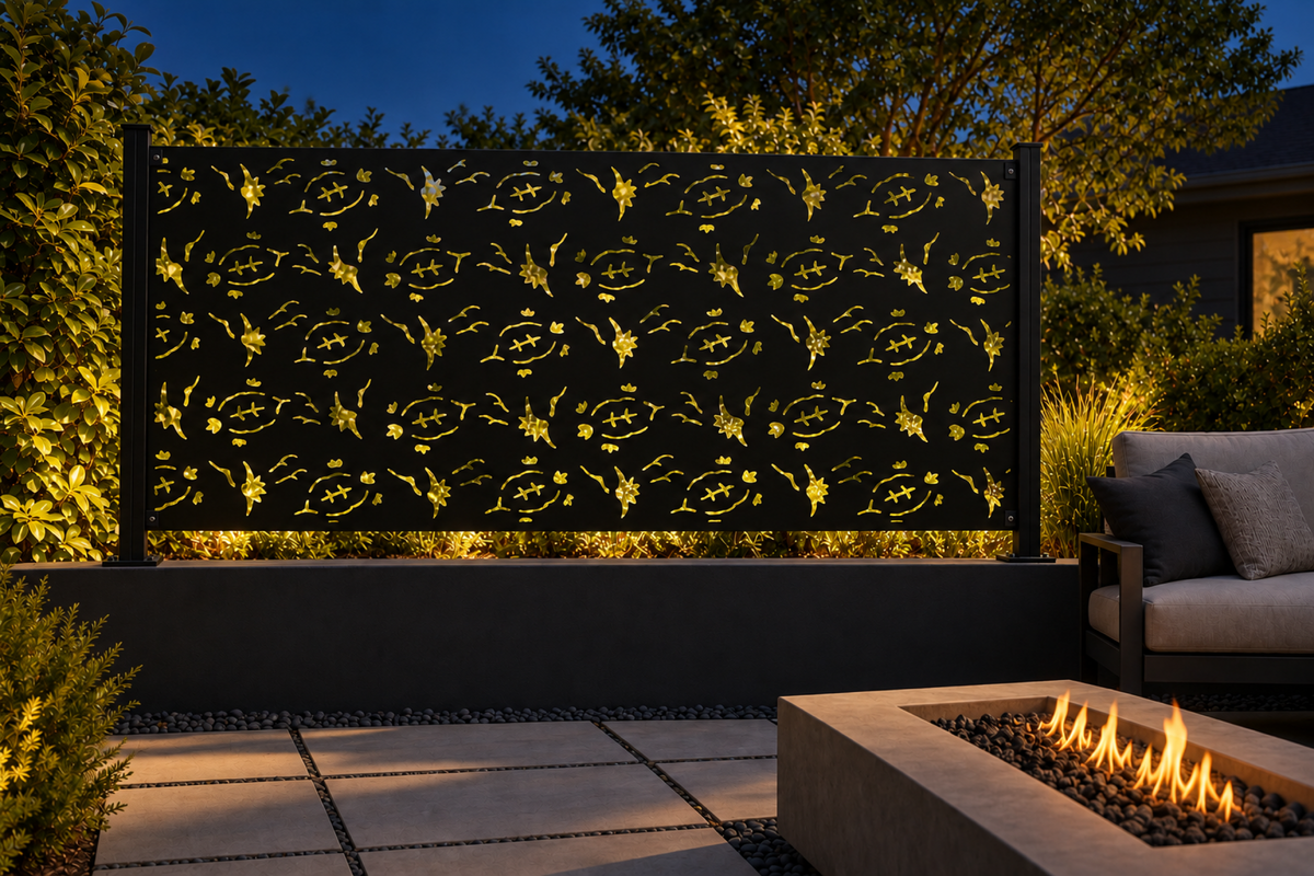 Design 344 Night Leaf Scatter Laser Cut Metal Privacy Screen Panel installed garden night lighting view