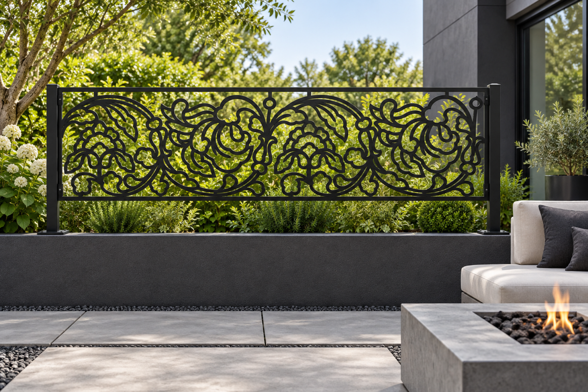 Design 345 Rose Linework Border Laser Cut Metal Privacy Screen Panel installed garden daylight view