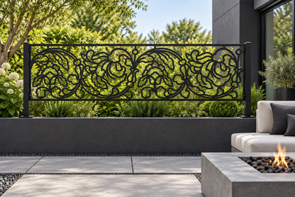 Design 345 Rose Linework Border Laser Cut Metal Privacy Screen Panel installed garden daylight view