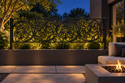 Design 345 Rose Linework Border Laser Cut Metal Privacy Screen Panel installed garden night lighting view
