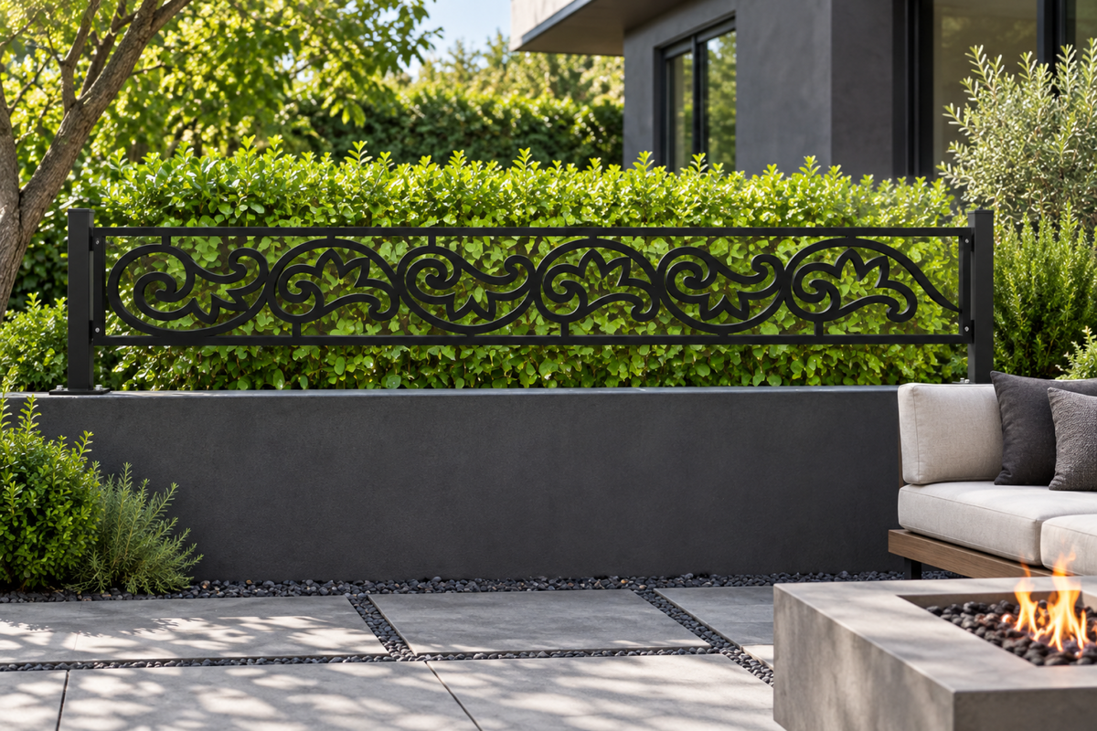 Design 346 Heart Scroll Border Laser Cut Metal Privacy Screen Panel installed garden daylight view