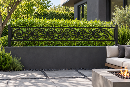 Design 346 Heart Scroll Border Laser Cut Metal Privacy Screen Panel installed garden daylight view