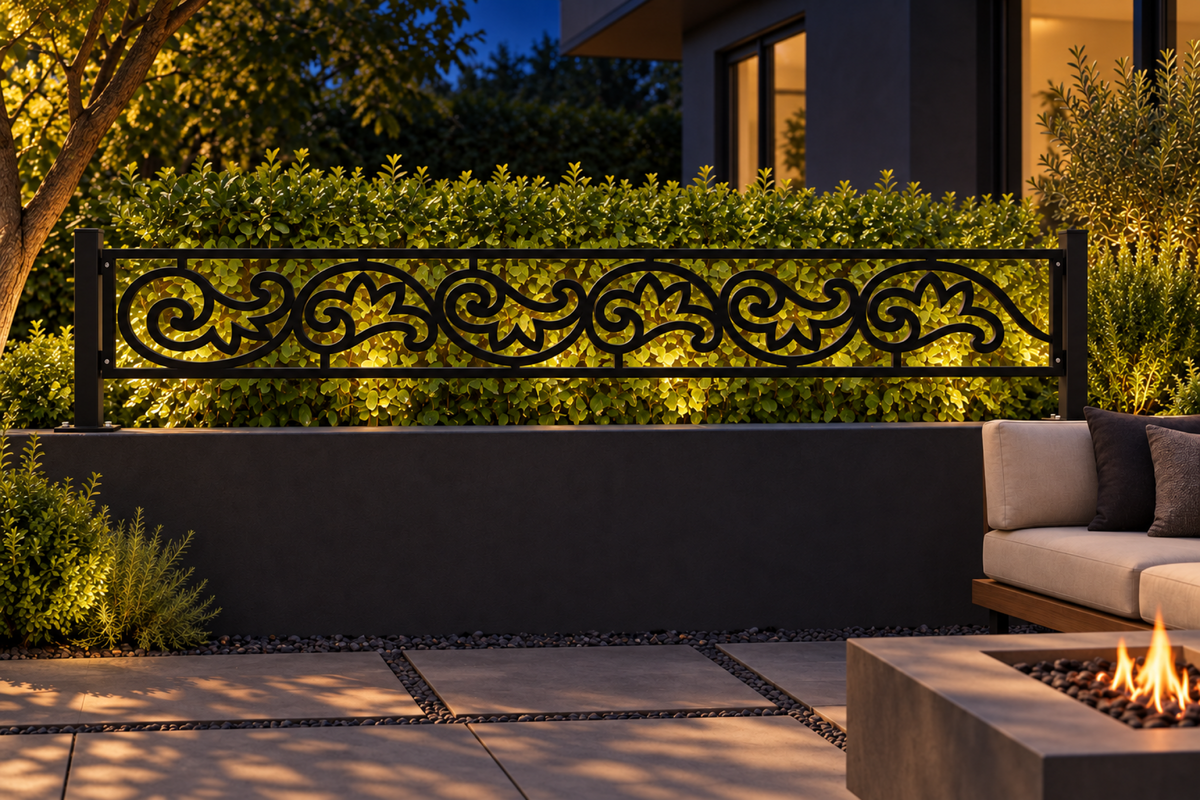 Design 346 Heart Scroll Border Laser Cut Metal Privacy Screen Panel installed garden night lighting view