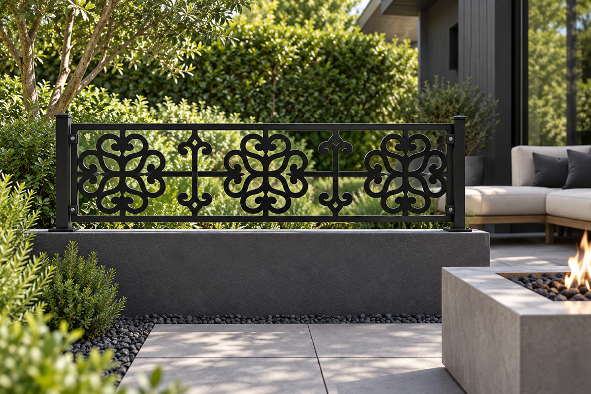 Design 347 Cross Clover Border Laser Cut Metal Privacy Screen Panel installed garden daylight view