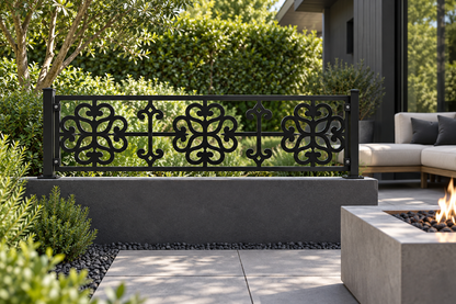 Design 347 Cross Clover Border Laser Cut Metal Privacy Screen Panel installed garden daylight view