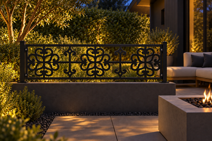 Design 347 Cross Clover Border Laser Cut Metal Privacy Screen Panel installed garden night lighting view