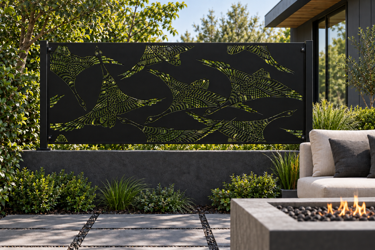 Design 348 Swimming Koi Border Laser Cut Metal Privacy Screen Panel installed garden daylight view