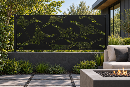 Design 348 Swimming Koi Border Laser Cut Metal Privacy Screen Panel installed garden daylight view