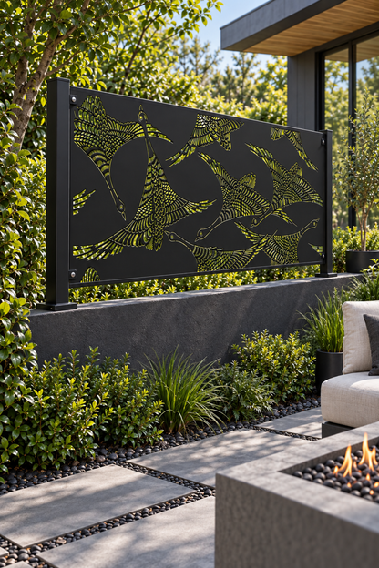 Design 348 Swimming Koi Border Laser Cut Metal Privacy Screen Panel oblique angle view