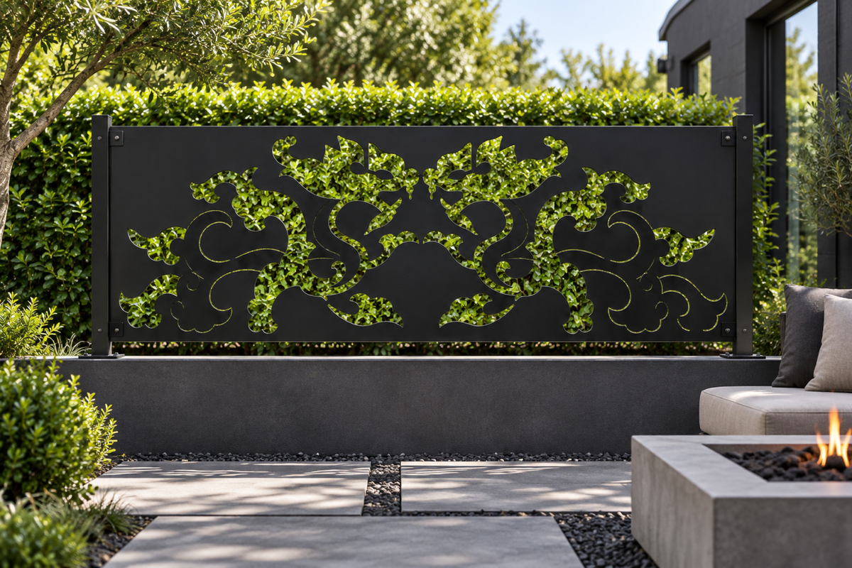 Design 349 Twin Dragon Cloud Border Laser Cut Metal Privacy Screen Panel installed garden daylight view