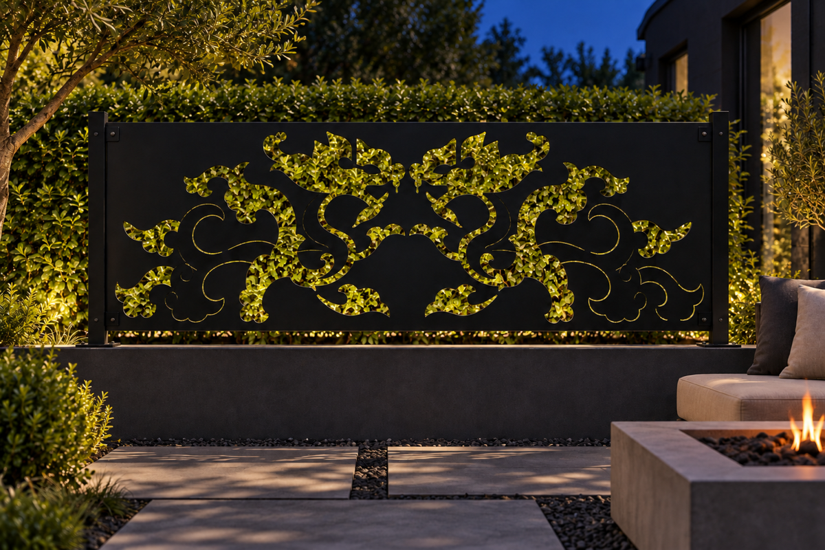 Design 349 Twin Dragon Cloud Border Laser Cut Metal Privacy Screen Panel installed garden night lighting view