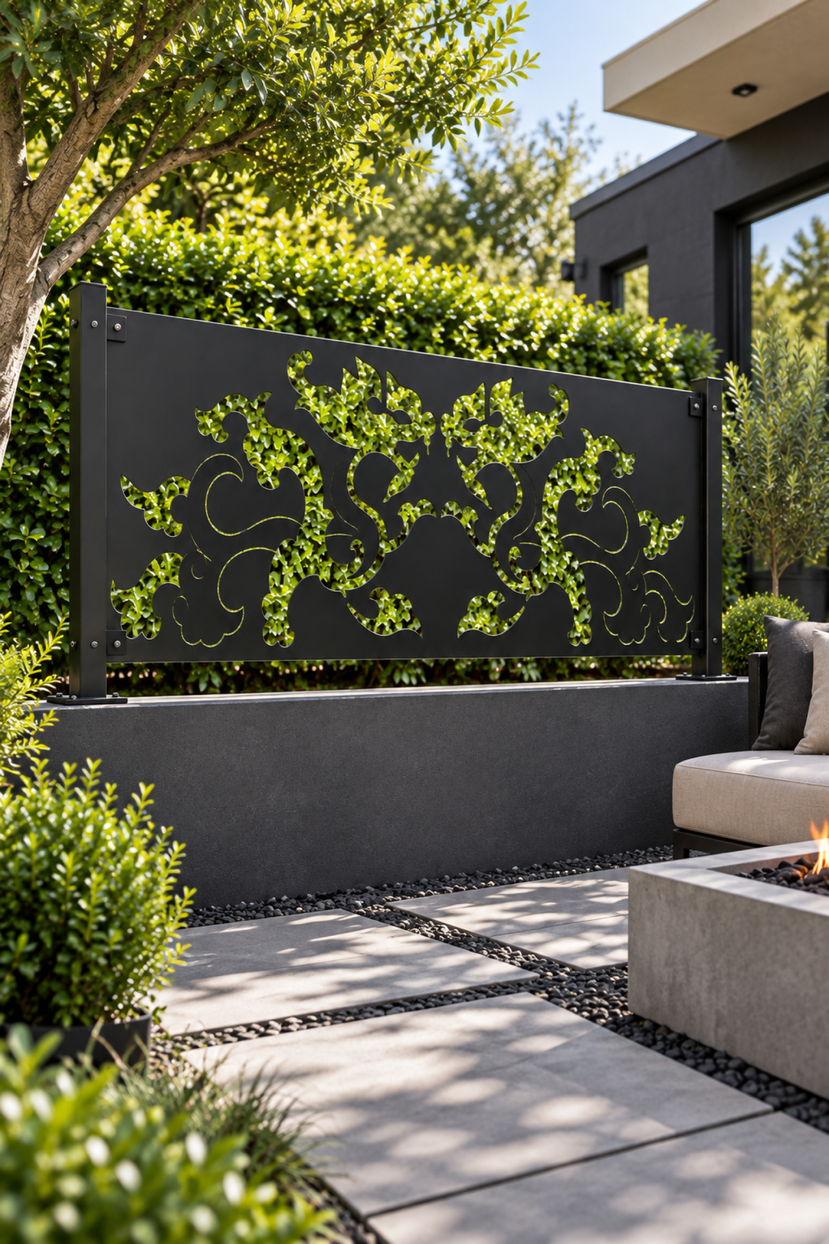 Design 349 Twin Dragon Cloud Border Laser Cut Metal Privacy Screen Panel oblique angle view