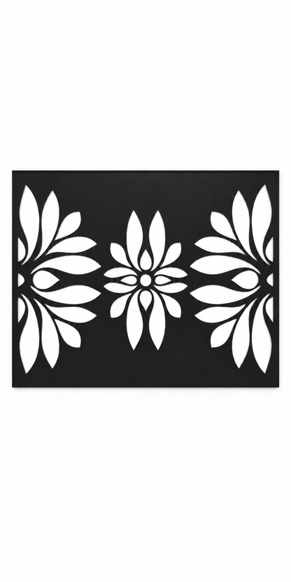 Design 350 Three Daisy Border Laser Cut Metal Privacy Screen Panel front main view