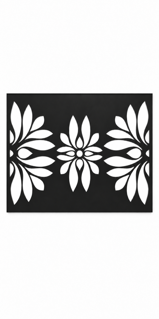Design 350 Three Daisy Border Laser Cut Metal Privacy Screen Panel front main view