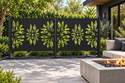 Design 350 Three Daisy Border Laser Cut Metal Privacy Screen Panel installed garden daylight view