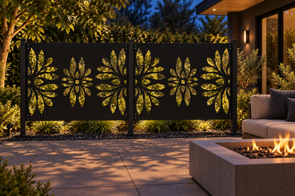 Design 350 Three Daisy Border Laser Cut Metal Privacy Screen Panel installed garden night lighting view