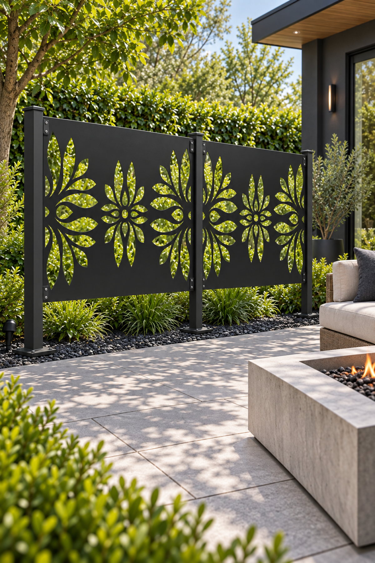 Design 350 Three Daisy Border Laser Cut Metal Privacy Screen Panel oblique angle view