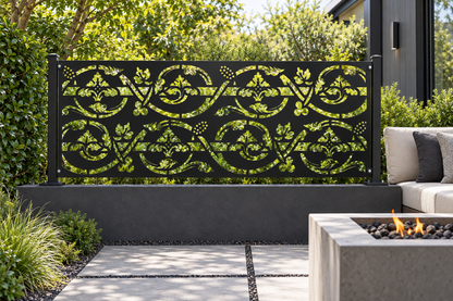 Design 351 Victorian Leaf Border Laser Cut Metal Privacy Screen Panel installed garden daylight view
