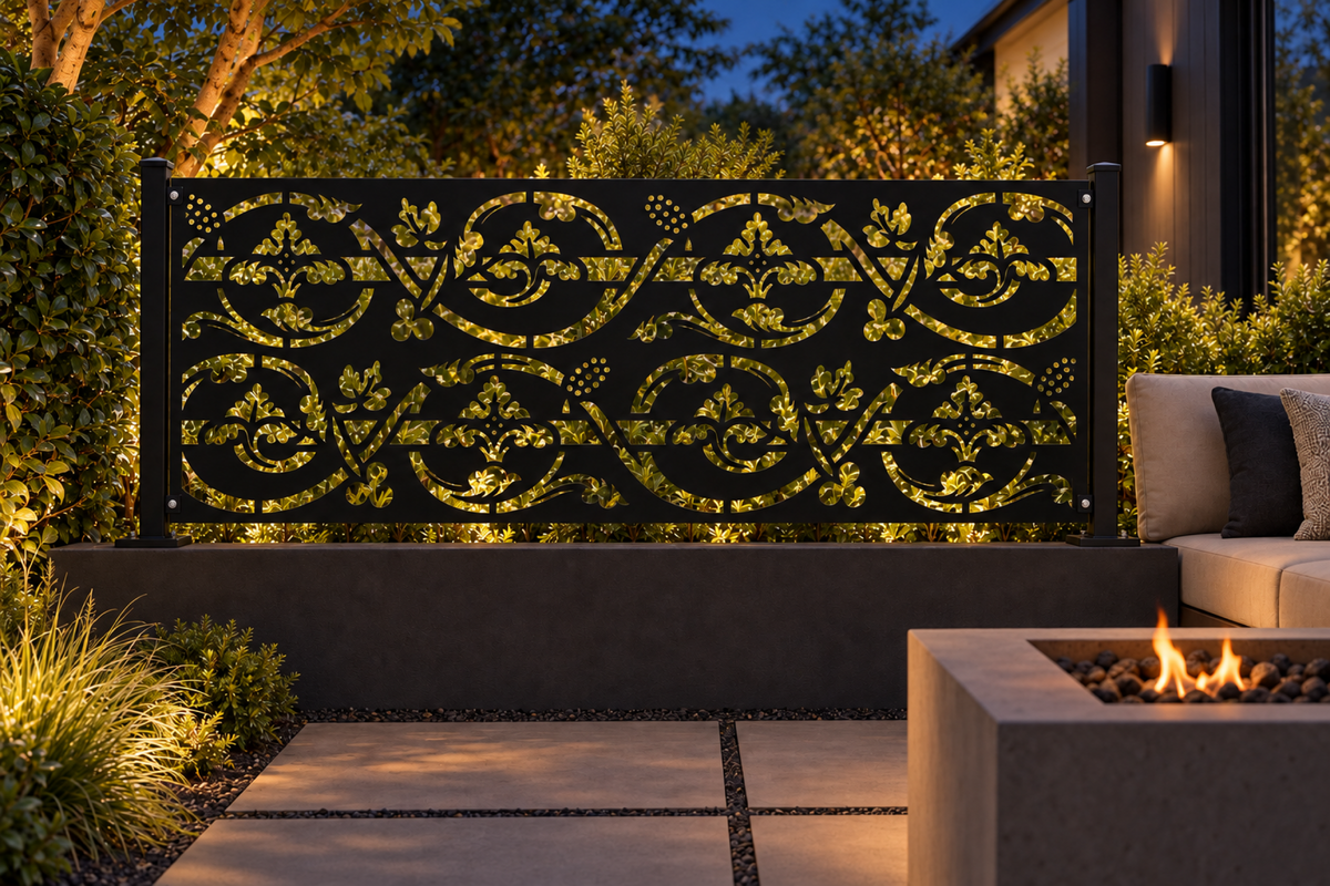 Design 351 Victorian Leaf Border Laser Cut Metal Privacy Screen Panel installed garden night lighting view