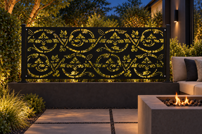 Design 351 Victorian Leaf Border Laser Cut Metal Privacy Screen Panel installed garden night lighting view