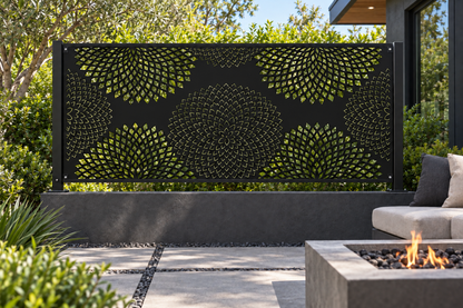Design 352 Chrysanthemum Dot Field Laser Cut Metal Privacy Screen Panel installed garden daylight view