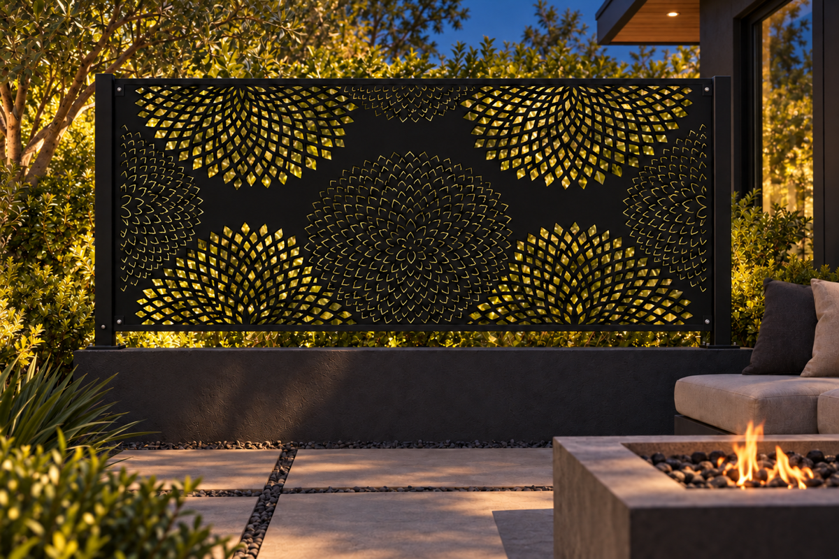 Design 352 Chrysanthemum Dot Field Laser Cut Metal Privacy Screen Panel installed garden night lighting view