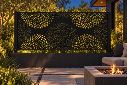 Design 352 Chrysanthemum Dot Field Laser Cut Metal Privacy Screen Panel installed garden night lighting view