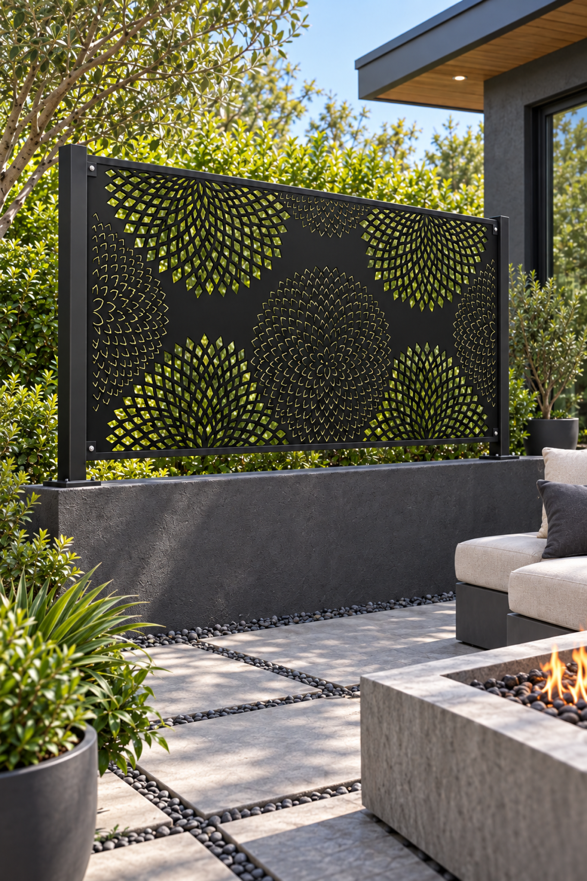 Design 352 Chrysanthemum Dot Field Laser Cut Metal Privacy Screen Panel oblique angle view