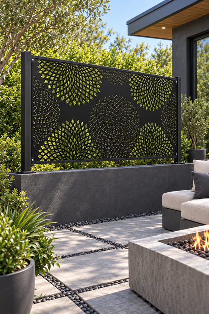 Design 352 Chrysanthemum Dot Field Laser Cut Metal Privacy Screen Panel oblique angle view
