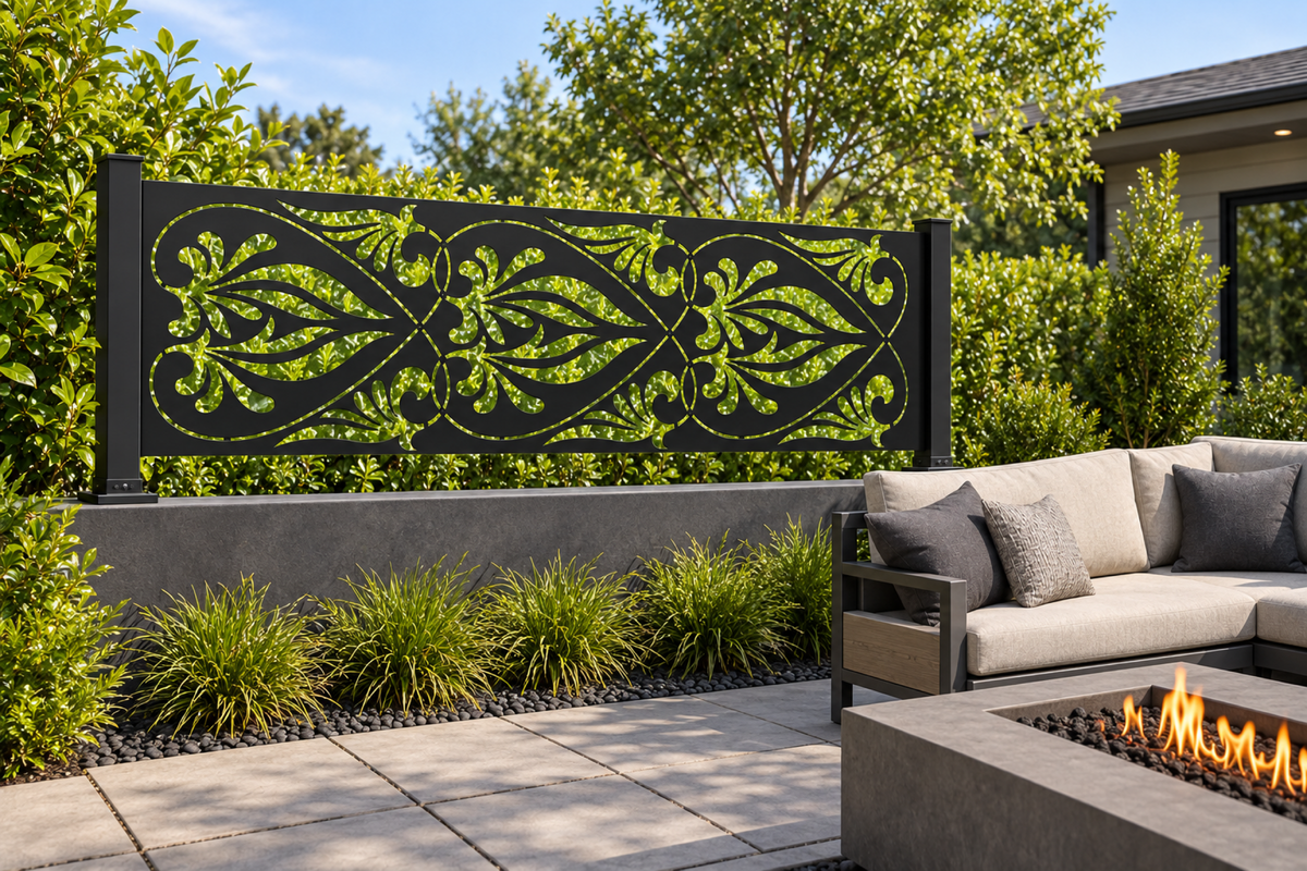 Design 353 Palm Leaf Scroll Border Laser Cut Metal Privacy Screen Panel installed garden daylight view