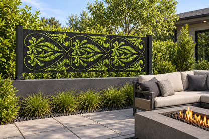Design 353 Palm Leaf Scroll Border Laser Cut Metal Privacy Screen Panel installed garden daylight view