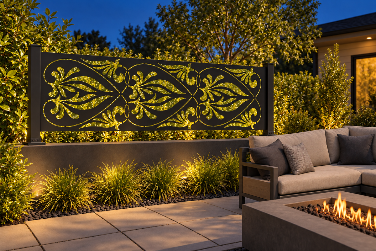 Design 353 Palm Leaf Scroll Border Laser Cut Metal Privacy Screen Panel installed garden night lighting view