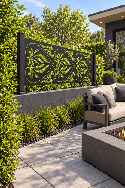 Design 353 Palm Leaf Scroll Border Laser Cut Metal Privacy Screen Panel oblique angle view
