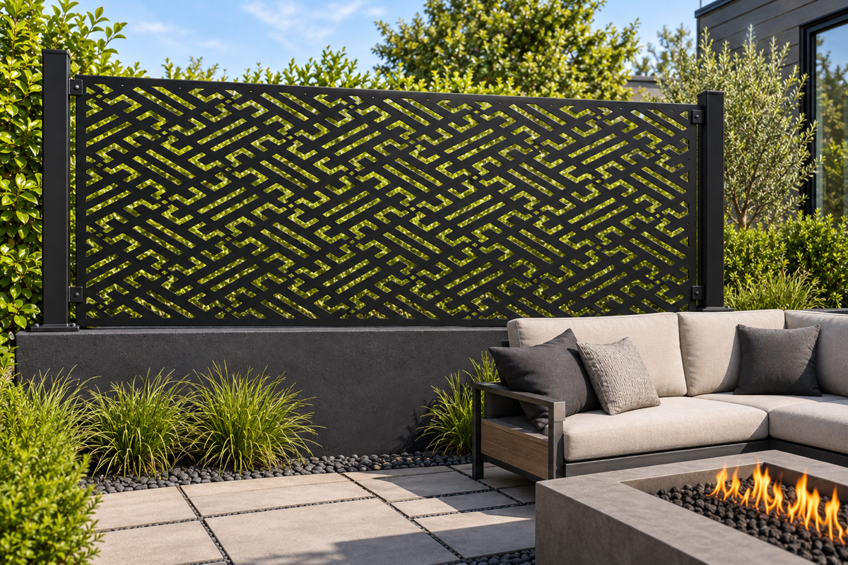 Design 354 Dense Maze Border Laser Cut Metal Privacy Screen Panel installed garden daylight view