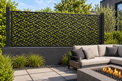 Design 354 Dense Maze Border Laser Cut Metal Privacy Screen Panel installed garden daylight view