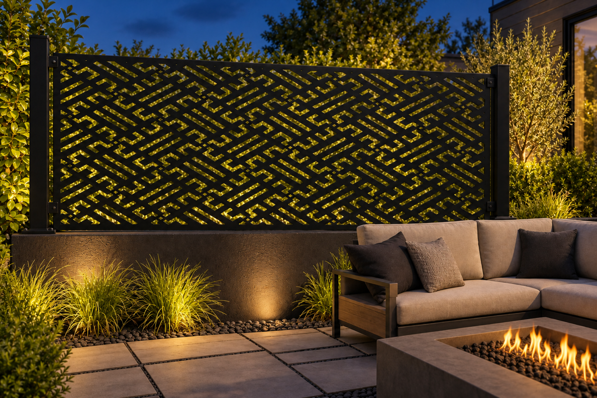 Design 354 Dense Maze Border Laser Cut Metal Privacy Screen Panel installed garden night lighting view