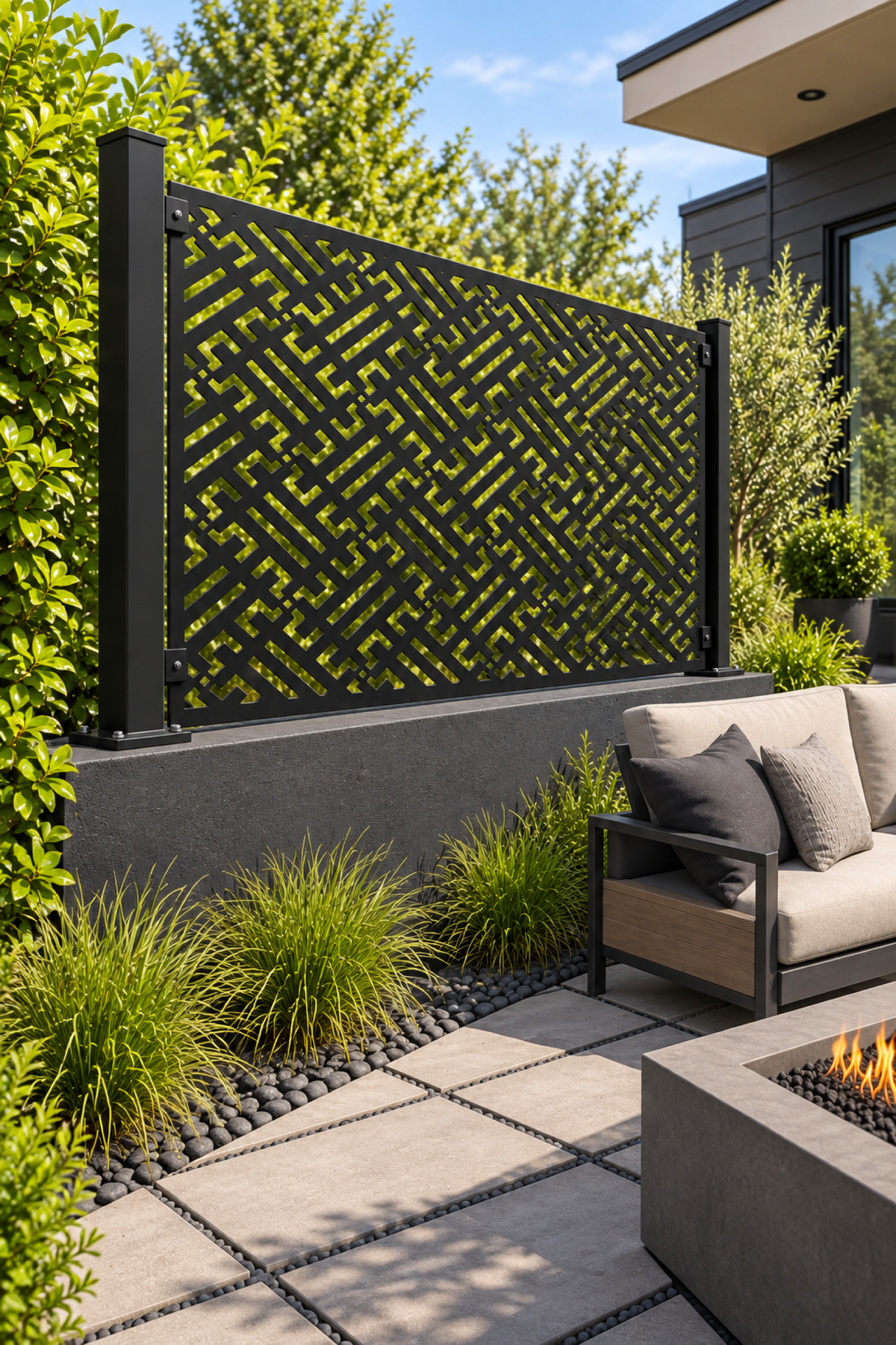 Design 354 Dense Maze Border Laser Cut Metal Privacy Screen Panel oblique angle view