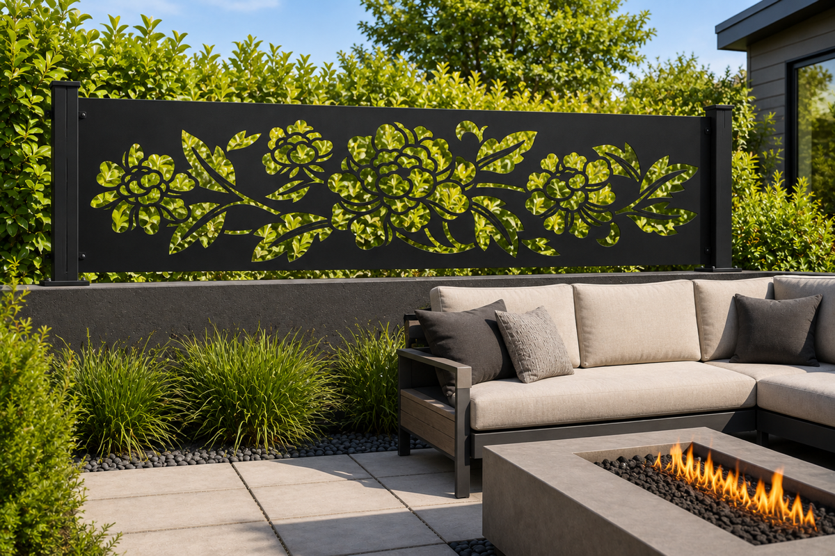 Design 355 Rose Bouquet Border Laser Cut Metal Privacy Screen Panel installed garden daylight view