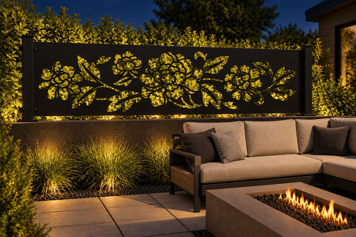 Design 355 Rose Bouquet Border Laser Cut Metal Privacy Screen Panel installed garden night lighting view