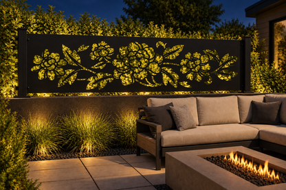 Design 355 Rose Bouquet Border Laser Cut Metal Privacy Screen Panel installed garden night lighting view