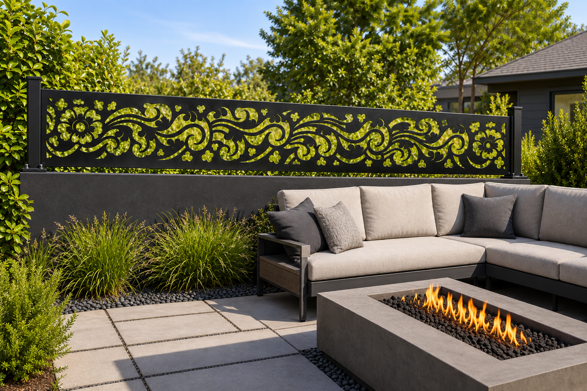 Design 356 Floral Acanthus Border Laser Cut Metal Privacy Screen Panel installed garden daylight view