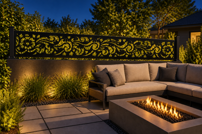 Design 356 Floral Acanthus Border Laser Cut Metal Privacy Screen Panel installed garden night lighting view