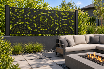 Design 357 Eye and Leaf Mosaic Border Laser Cut Metal Privacy Screen Panel installed garden daylight view