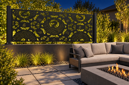 Design 357 Eye and Leaf Mosaic Border Laser Cut Metal Privacy Screen Panel installed garden night lighting view