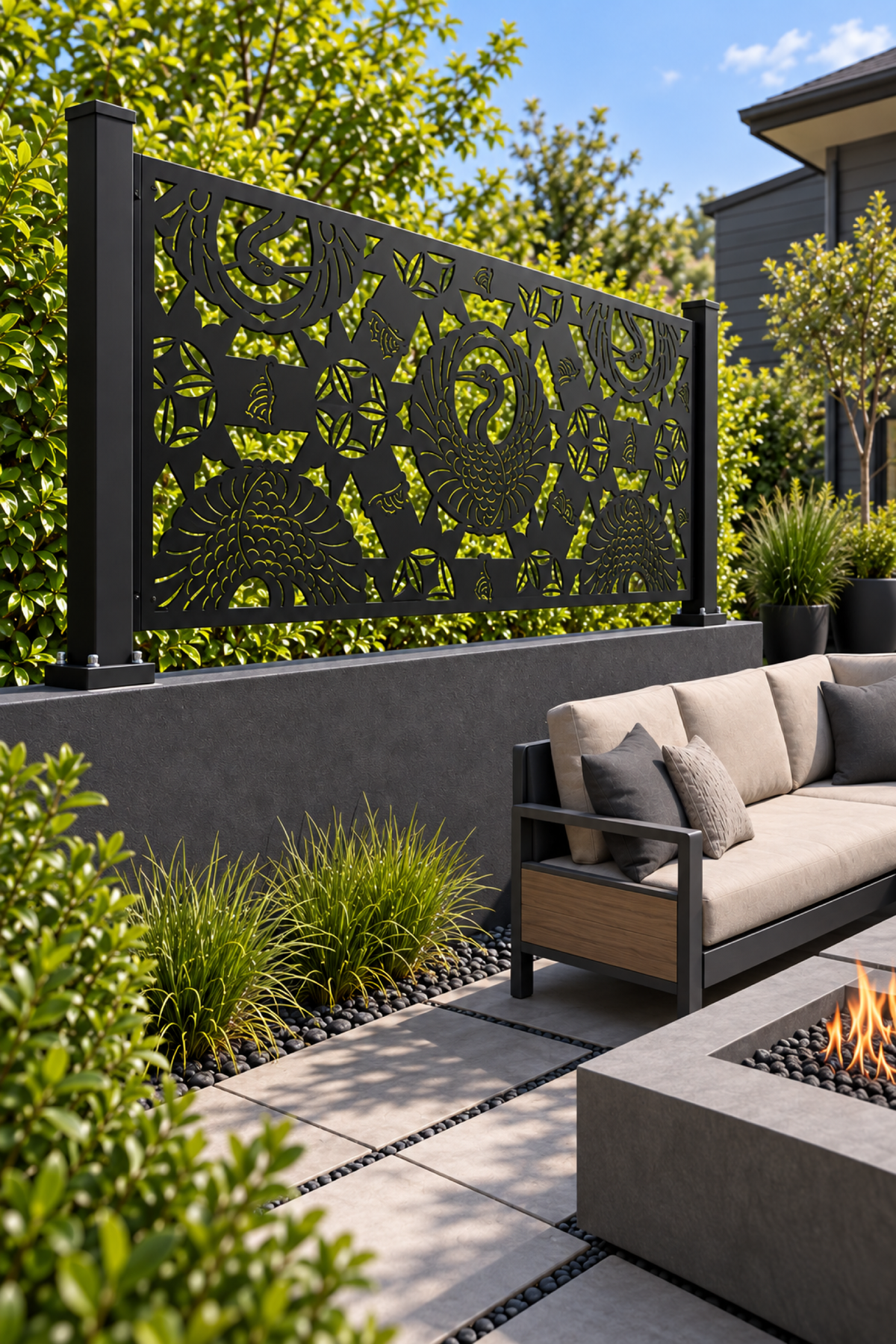Design 357 Eye and Leaf Mosaic Border Laser Cut Metal Privacy Screen Panel oblique angle view